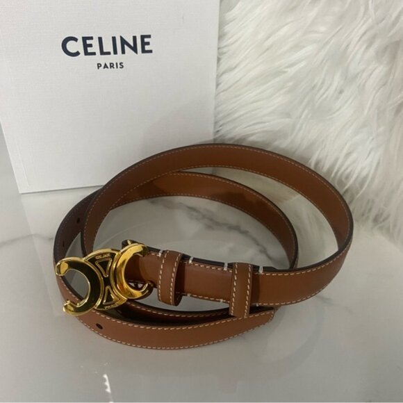 ✨ Celine Brown Leather Belt with Gold Buckle – Size 90 - Picture 1 of 5